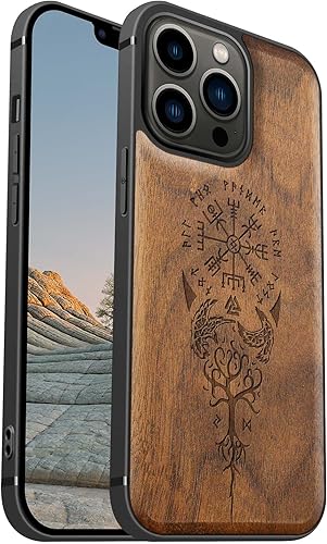 Miniatura 1 de Carveit Funda magnética de madera para iPhone 13 Pro madera real dura y TPU suave a prueba de golpes, funda protectora híbrida única y elegante de