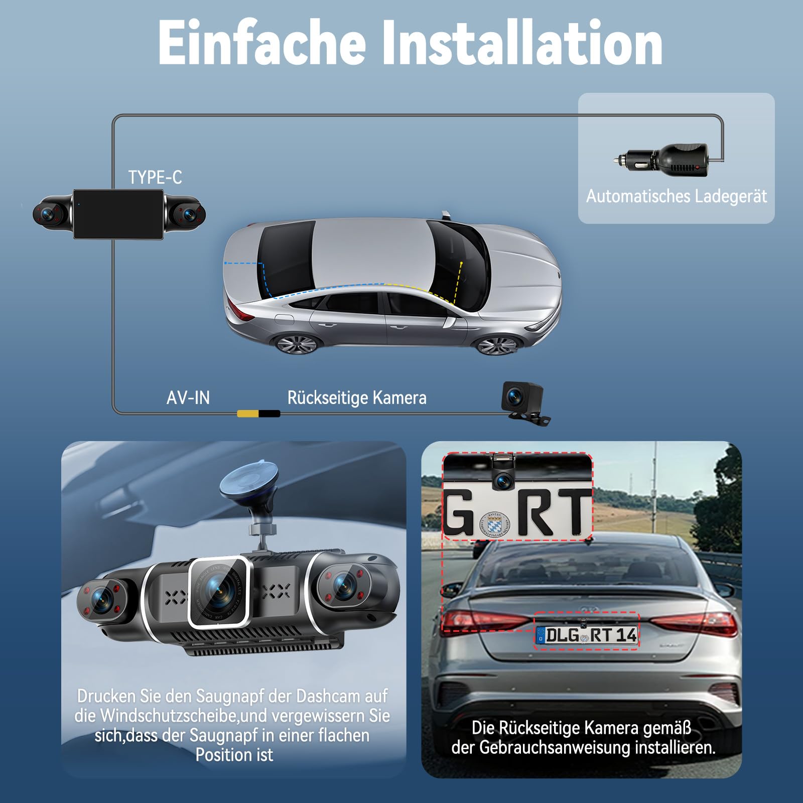 Dashcam Auto Vorne Hinten 4K/1080P,4 Kanal Auto Kamera mit 64GB SD-Karte | 360°Dash Cam mit parküberwachung,4X140° Weitwinkel,3" IPS-Bildschirm,Super Nachtsicht,WDR,G-Sensor,Loop-Aufnahme,cable App