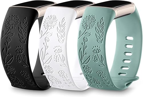 DaQin Paquete de 3 bandas grabadas con girasol compatibles con Fitbit Charge 6Fitbit Charge 5 bandas para mujeres y hombres, correa deportiva suave
