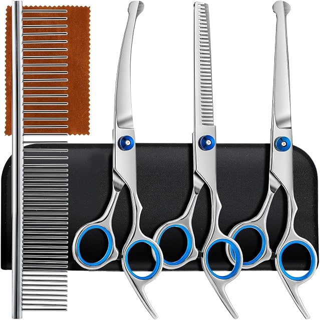 Professional 5-in-1 Dog Grooming Kit, 4CR Stainless Steel, Dog Grooming Scissors with Safety Round Tip, Titanium Coated Heavy Duty Pet Grooming Scissors with Stright Dog Comb for Dogs, Cats