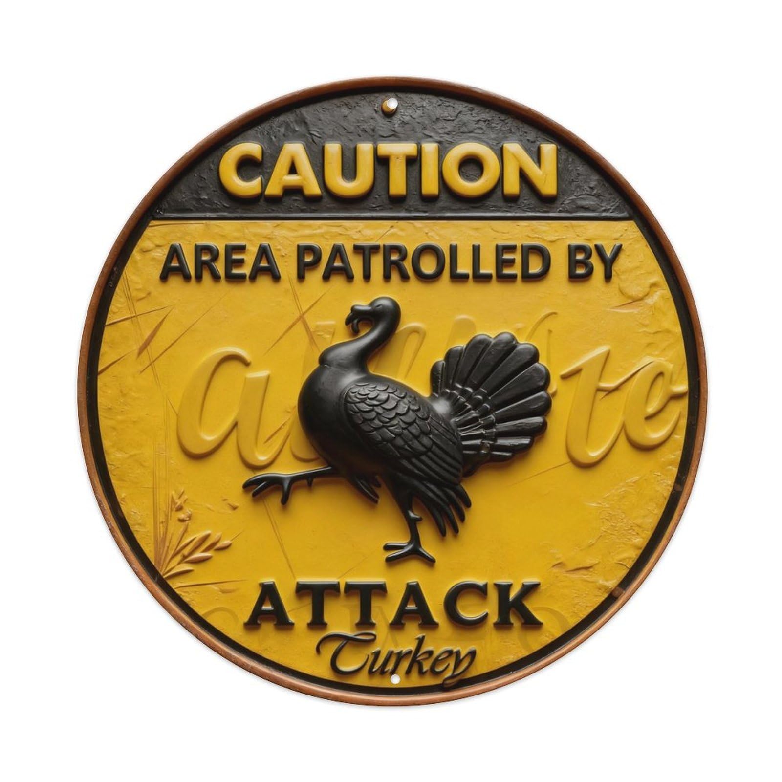 Caution Area Patrolled By Attack Turkey Round Metal Tin Sign Vintage Wall Decor, Bar Garage Cafe Kitchen Home Wall Art Poster 8x8inches
