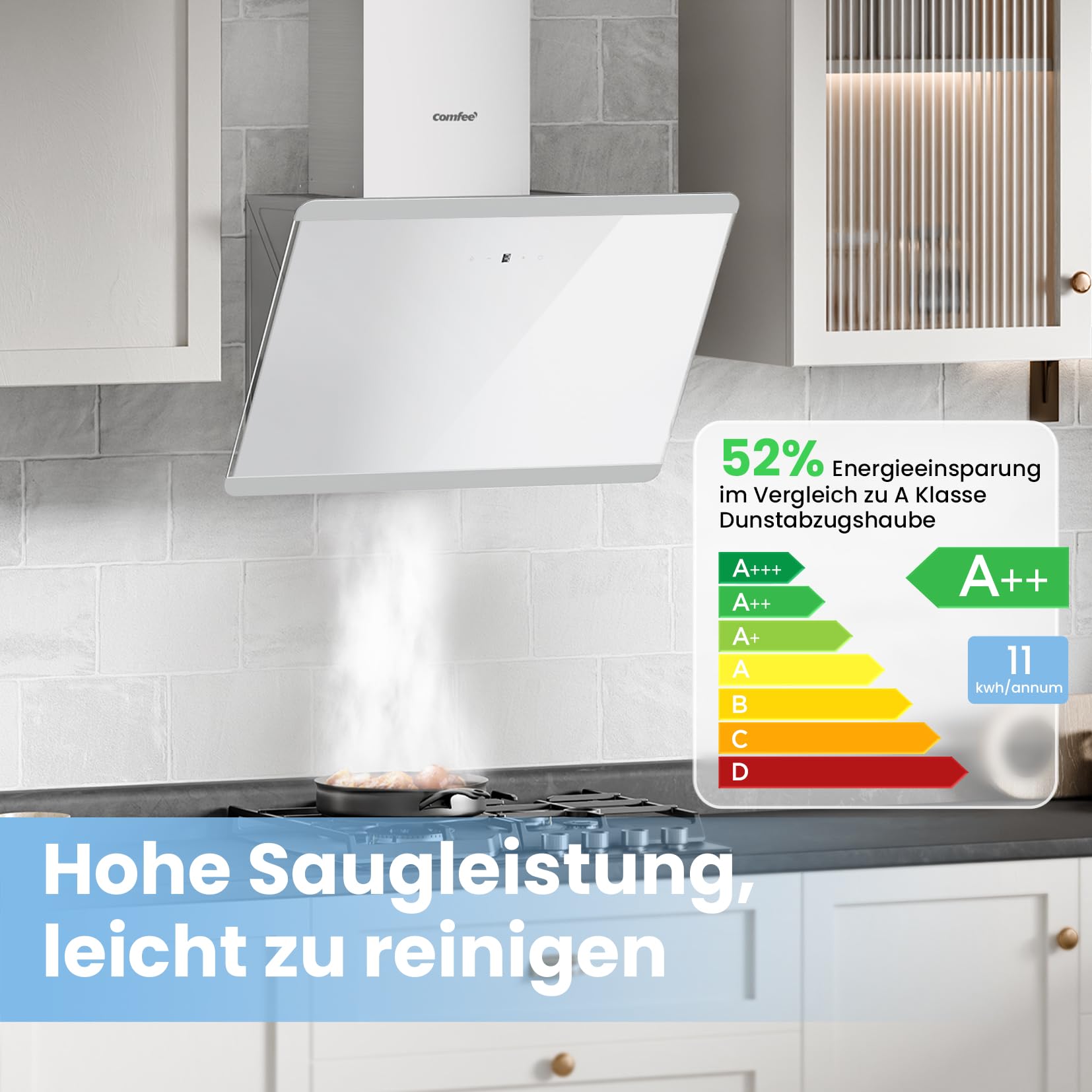 COMFEE CH60J64ET4A2W A++ Hotte aspirante 60 cm, Hotte 60 cm de convection et d'air évacué, 380 m³/h de flux d'air, design en acier inoxydable/verre avec écran tactile, LED, hotte aspirante avec filtre