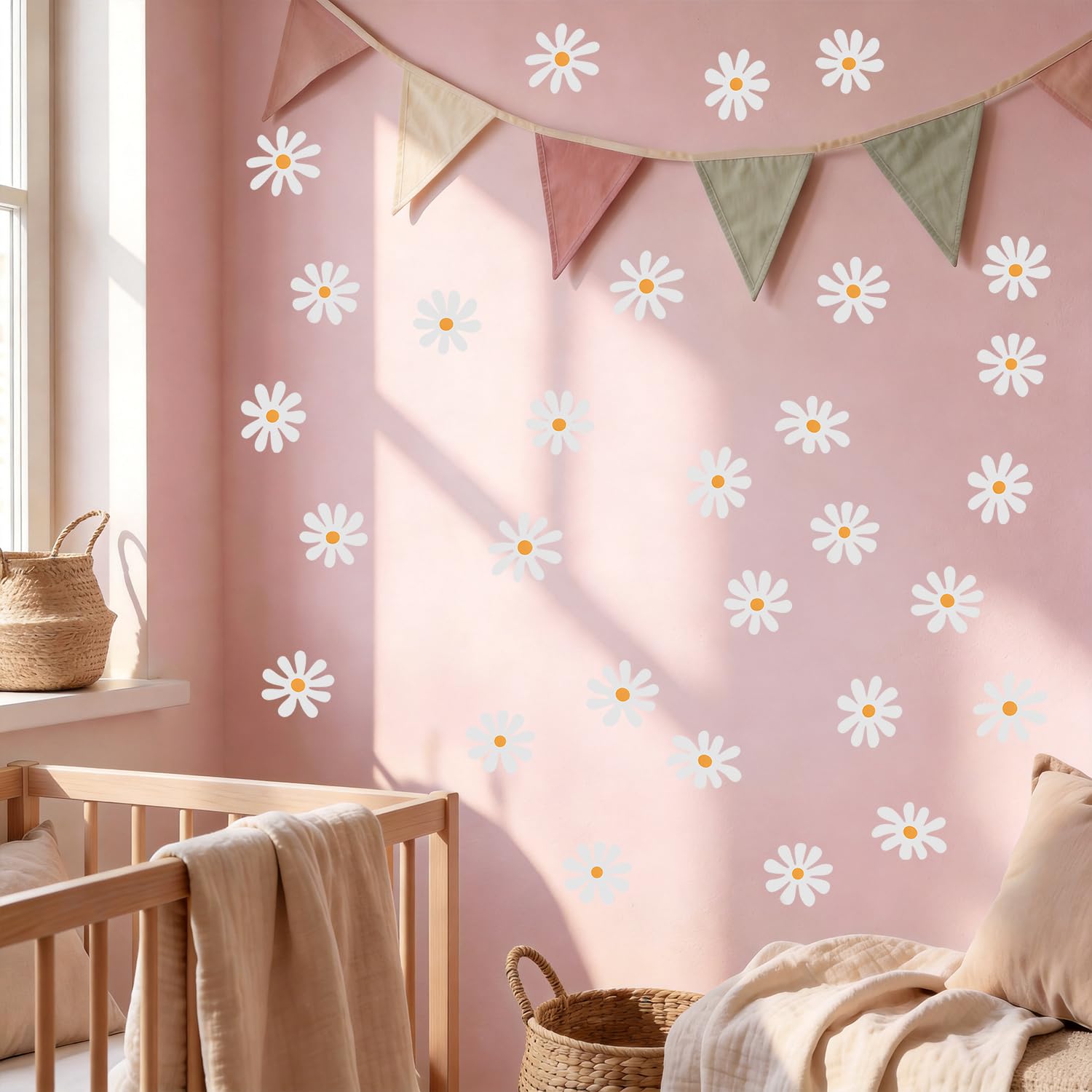 Flower Wall Stickers, 4 Sheets Daisy Wall Sticker Nursery and Girls Bedroom Wall Decor for Kids Bedrooms Living Room Kindergarten Classroom Window Wall Decor (20x29.5cm)