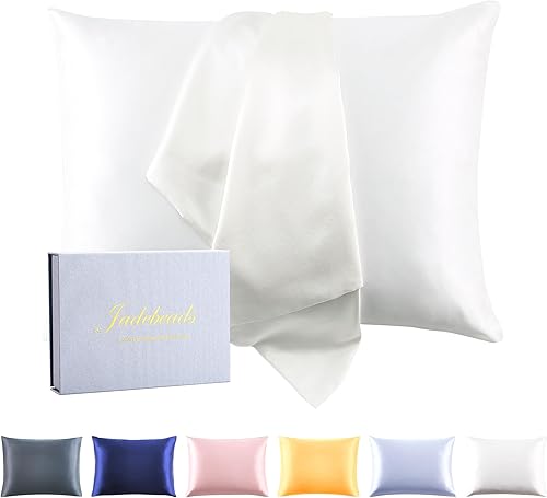 Jadebeads Funda de almohada de seda de morera 100% pura 22Momme para cabello y piel, grado 6A, funda de almohada de seda blanca antiacné y