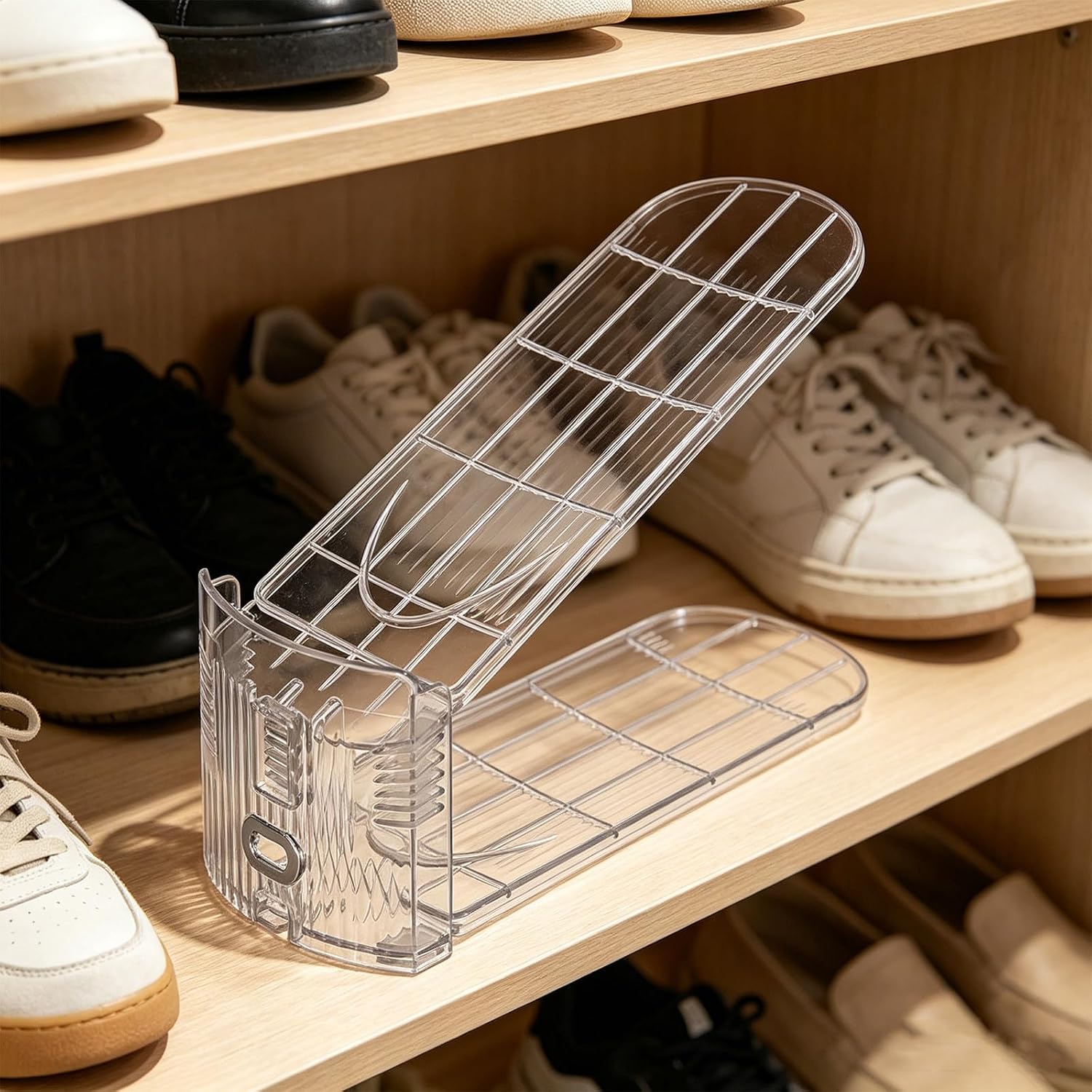 4pcs Adjustable Double Tier Shoe Divider Rack Plastic Shoe Slot Organizer with Look Space Saving and Multi Functional for Cabinet and Wardrobe