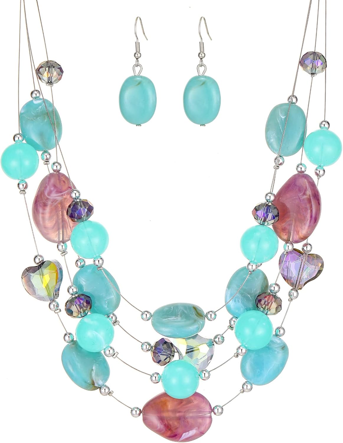 Layered Chunky Beaded Necklace for Women Colorful Multi-Layer Statement Necklace and Earrings Set Gift for Her