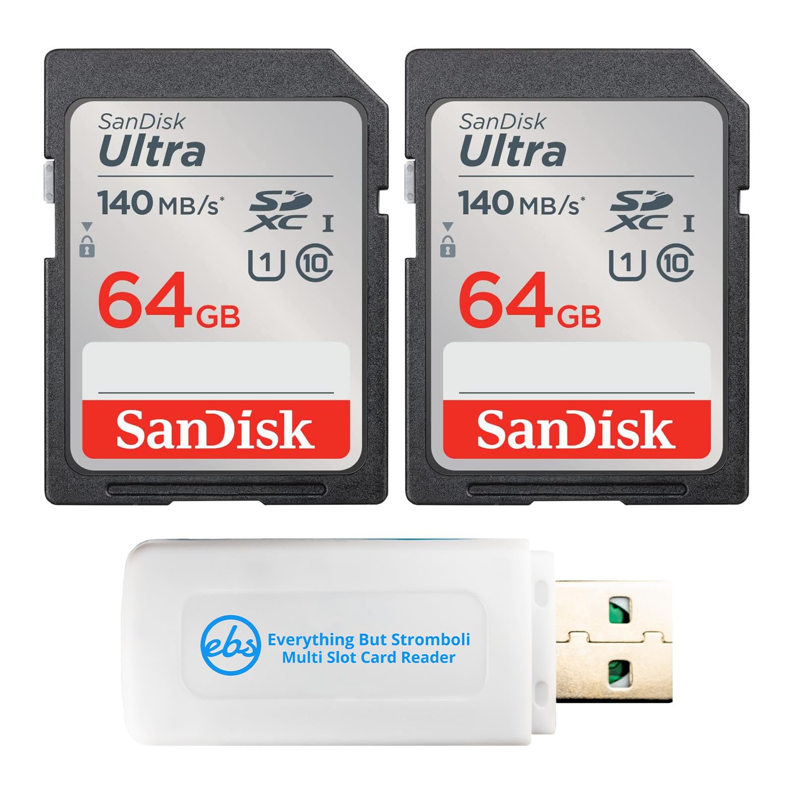 SanDisk SD Card 64GB Ultra (2 Pack) Class 10 Memory Card SDSDUNB-064G-GN6IN | Memory Cards for Trail Cameras and Digital Cameras, Bundle with (1) Everything But Stromboli SD Card Reader