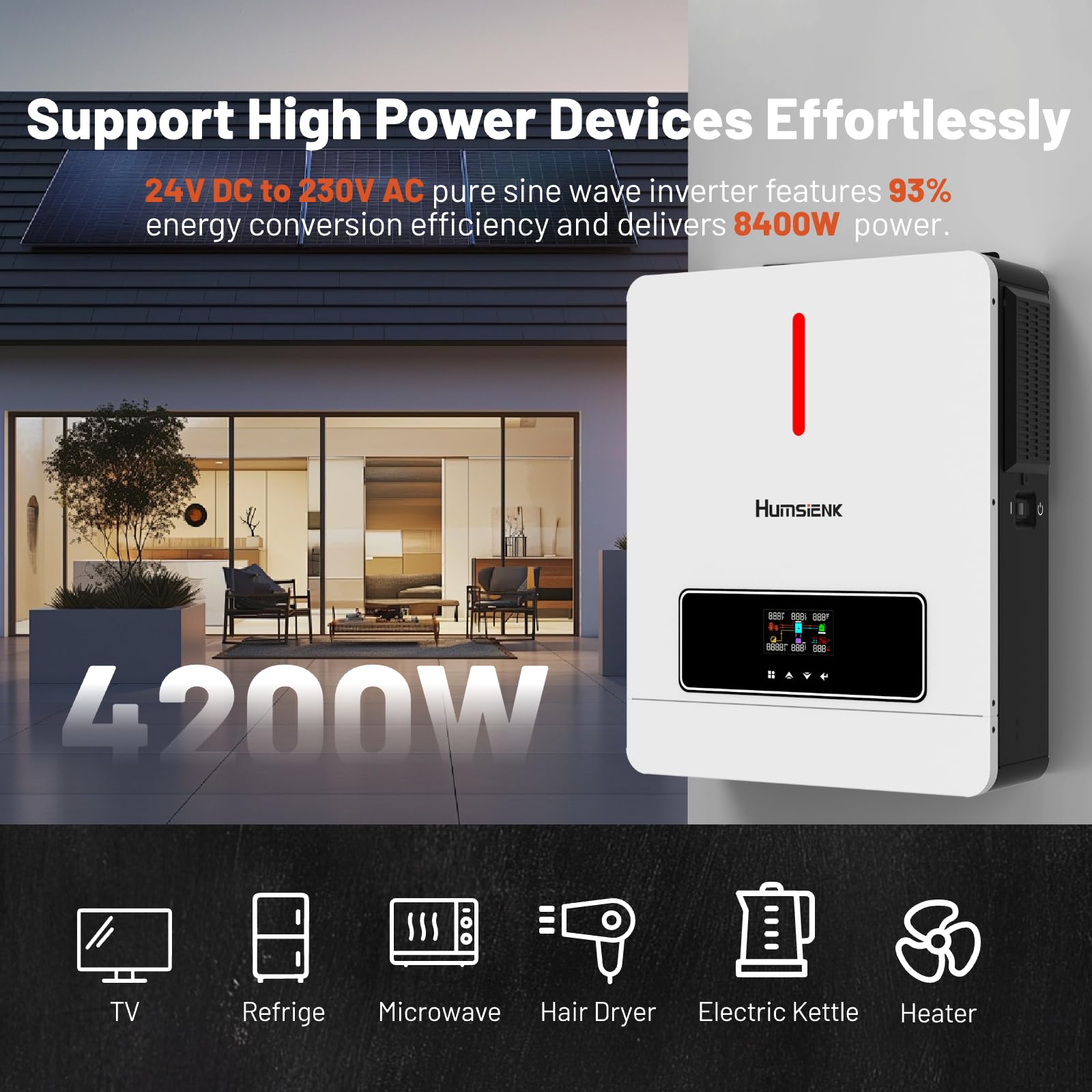 HumsiENK Inverter Caricabatterie Solare 4200W 24V 3-in-1, Onda Sinusoidale Pura, 8400W Picco, MPPT 120A, Caricabatterie 100A, per Camper Roulotte Barca Casa Off-Grid
