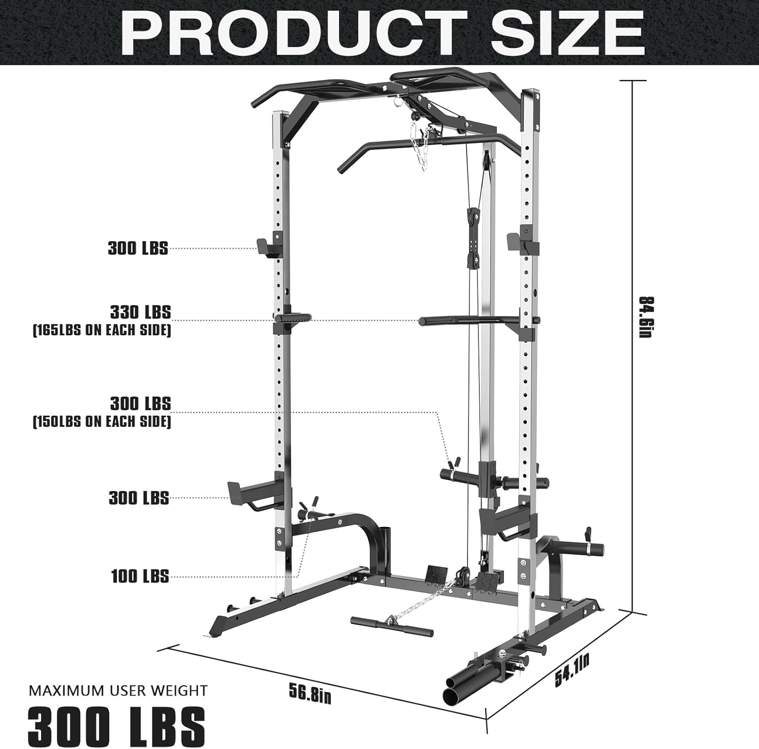 Power Cage Power Rack with LAT Pulldown Workout Cage Dip Handles Cable Pulley SystemSquat Rack for Home Gym