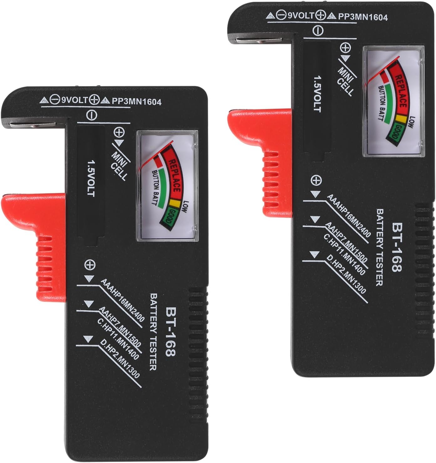 2PCS Battery Tester, Universal Battery Checker Small Battery Testers for AAA AA C D 9V 1.5V Button Cell Household Batteries Model BT-168