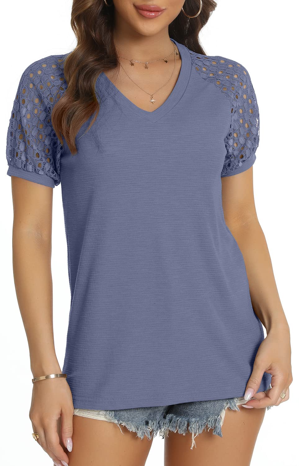 DEARCASE Blusas de Moda Verano Mujer Blusas Cuello en V Camisa de Manga Encaje Camiseta Casual Elegante de Manga Corta/Manga Larga Top de Elegante