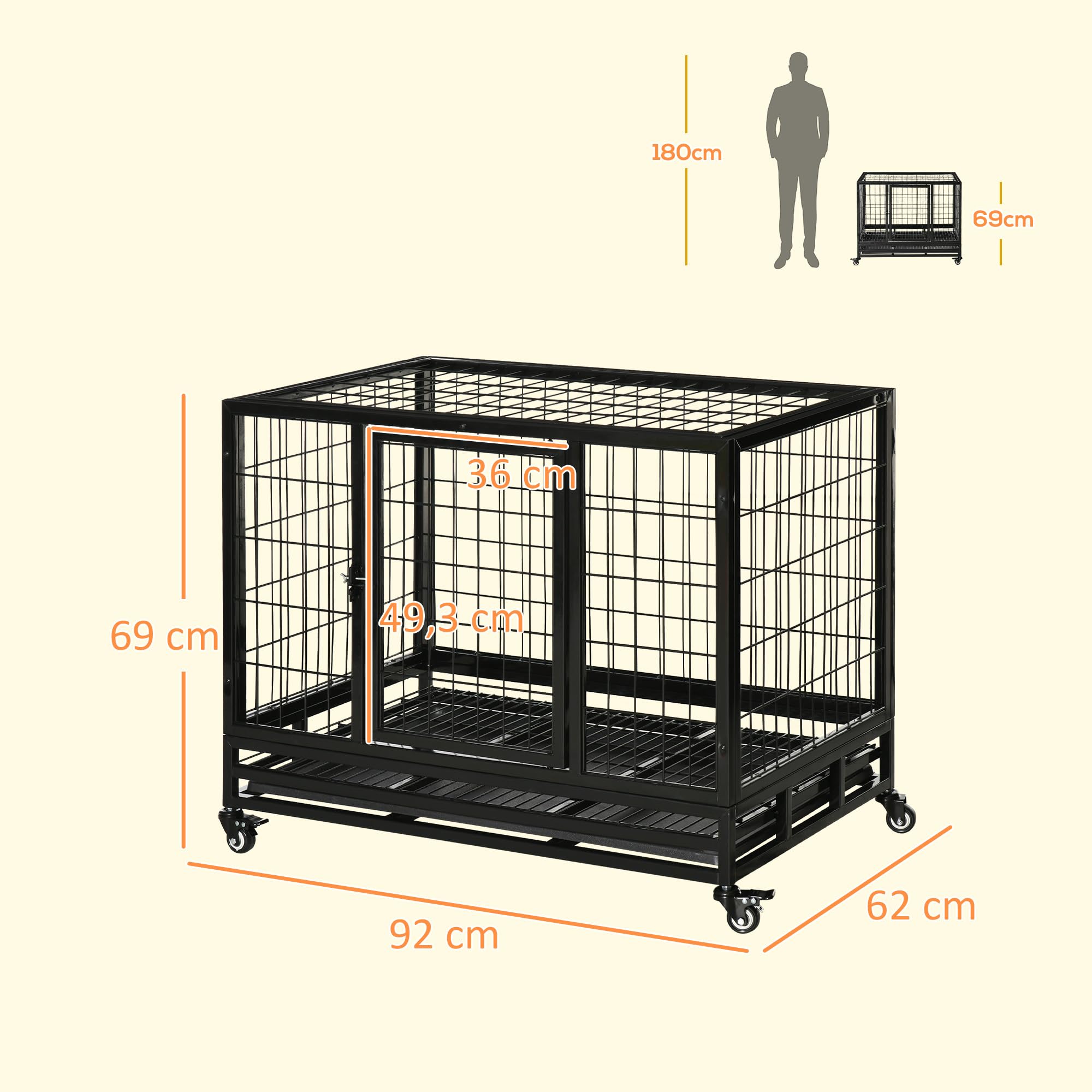 PawHut Cage pour Chien Animaux, sur roulettes 92L x 62l x 75H cm Noir | Cage de Transport, 2 Portes Verrouillables, Plateau Amovible, Charge Max. 150 Kg