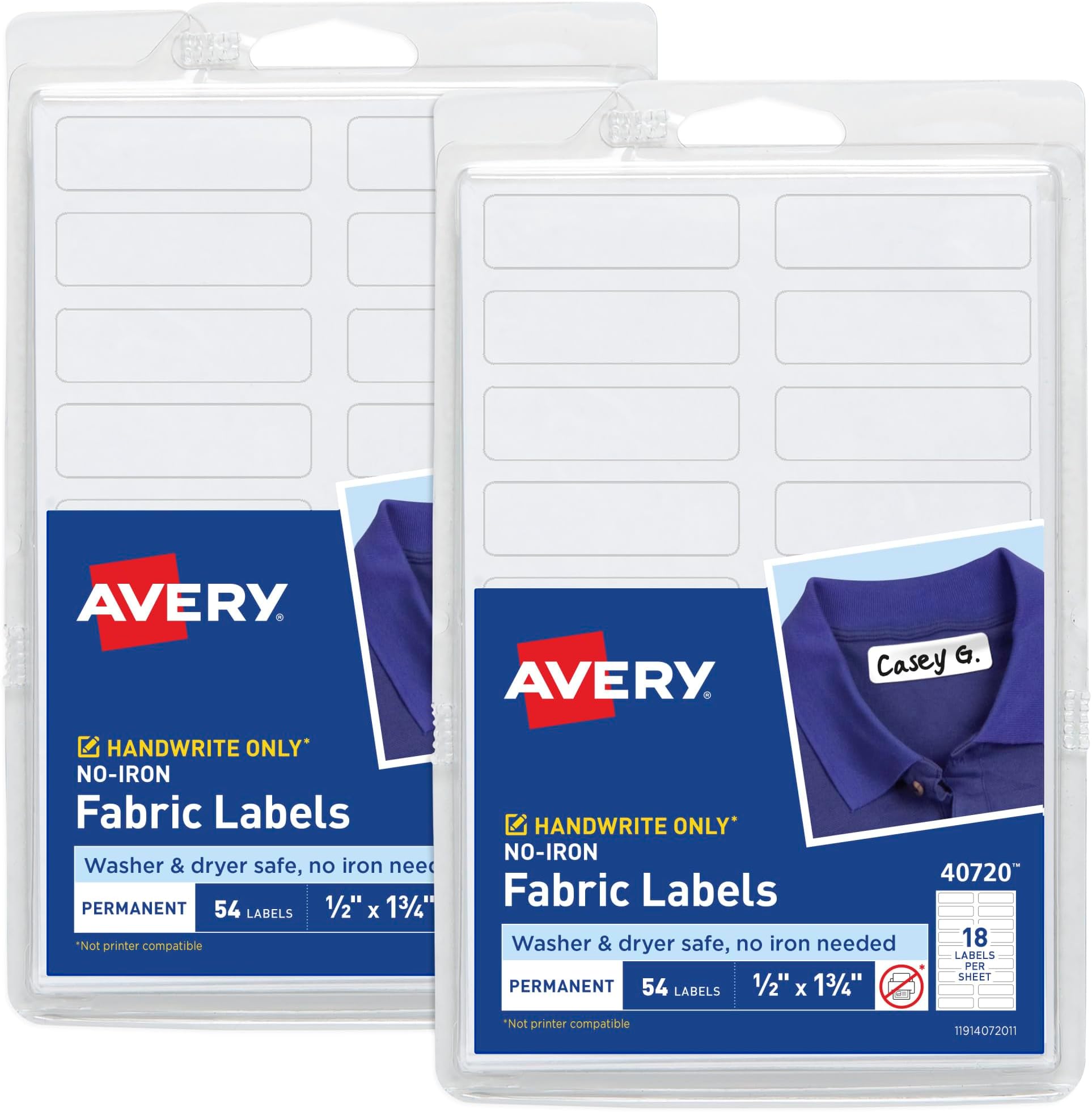 No Iron Fabric Labels, 0.5” x 1.75”, Matte White, Handwrite Only, 2 Pack, 108 Labels Total (32130)
