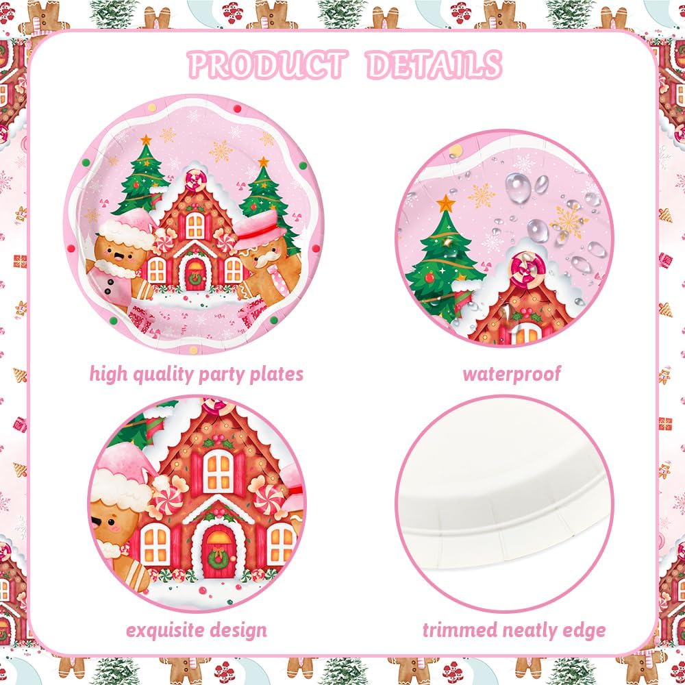 Pink Christmas Party Gingerbread Party Decorations Gingerbread House Cookie Christmas Disposable Tableware Set with Plates Napkins Tablecloth and Balloons Serves 24 Guests