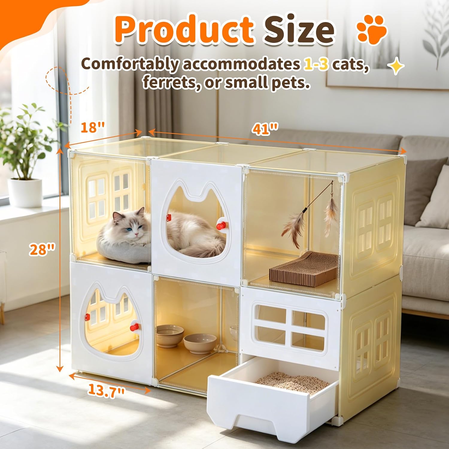DIY Customizable 2-Tier cat cage Features Pull-Out Litter Box, Breathable mesh & Clear Interactive Windows