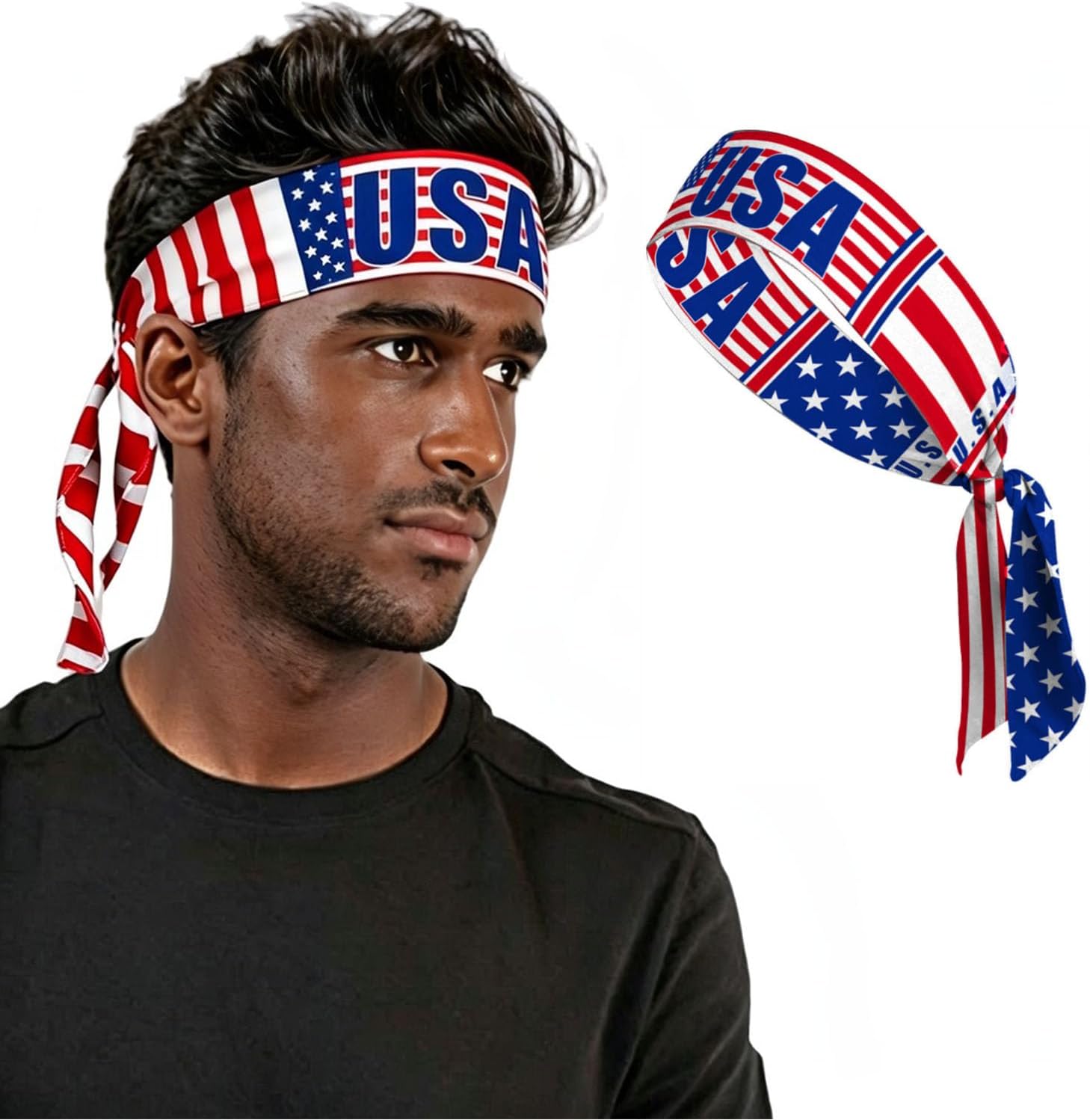 Head Tie Headband for 4th of July, Tie Up Sweatband for Tennis Sweat Hair Band Ninja Karate Pirates Basketball, Running, Workout