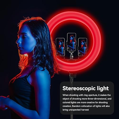 Miniatura 4 de LDGHO Anillo de luz de 19 pulgadas, controlado por Bluetooth móvil, con trípode y soporte para teléfono, 45 W a todo color, para transmisión en