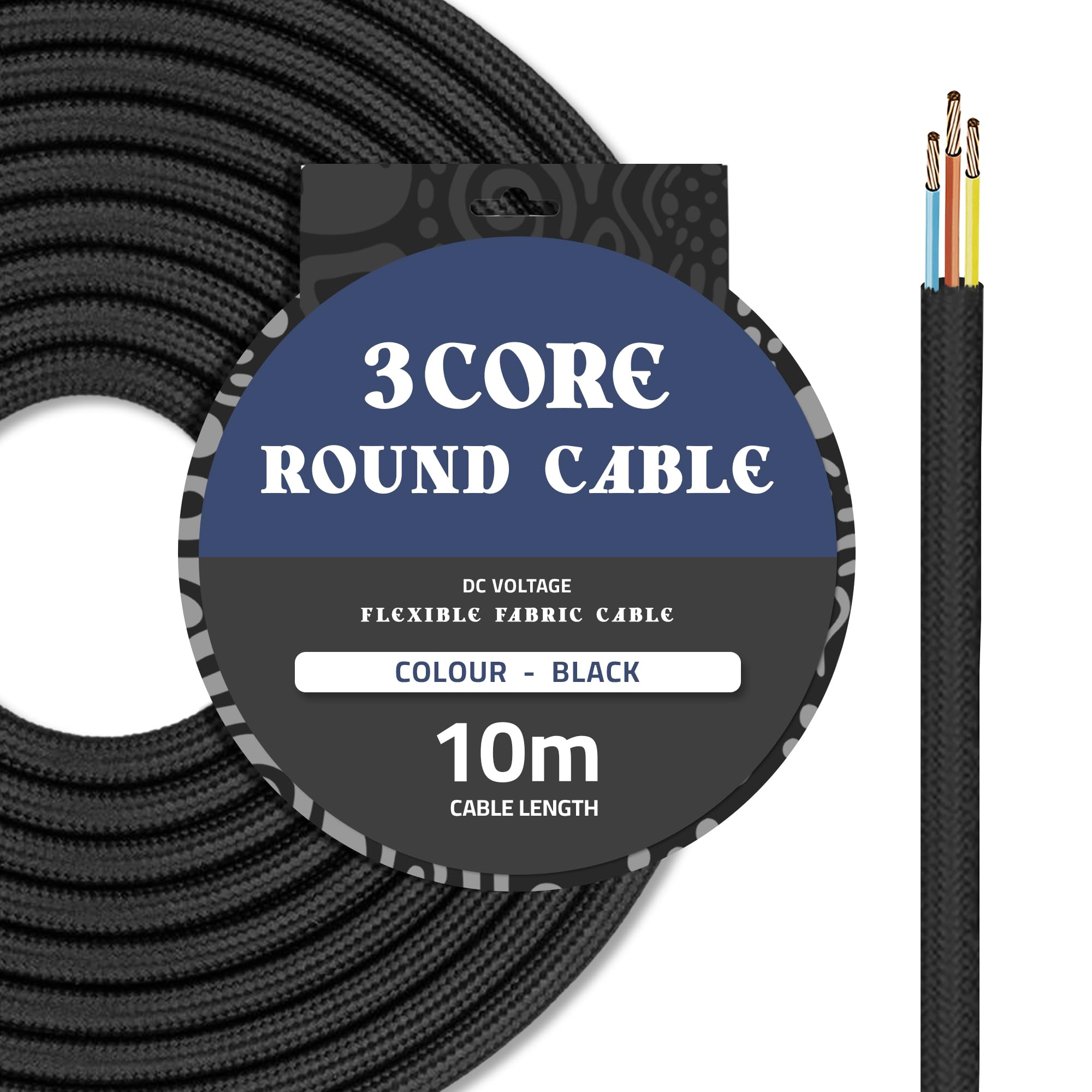 DC VOLTAGE 32.8ft Vintage 18 Gauge 3 Conductors Round Cable Fabric Cloth Covered Electrical Wire 10m 3 Core textile electric cable Wire coated in colored vintage for Lighting DIY Project (Black - 10m)