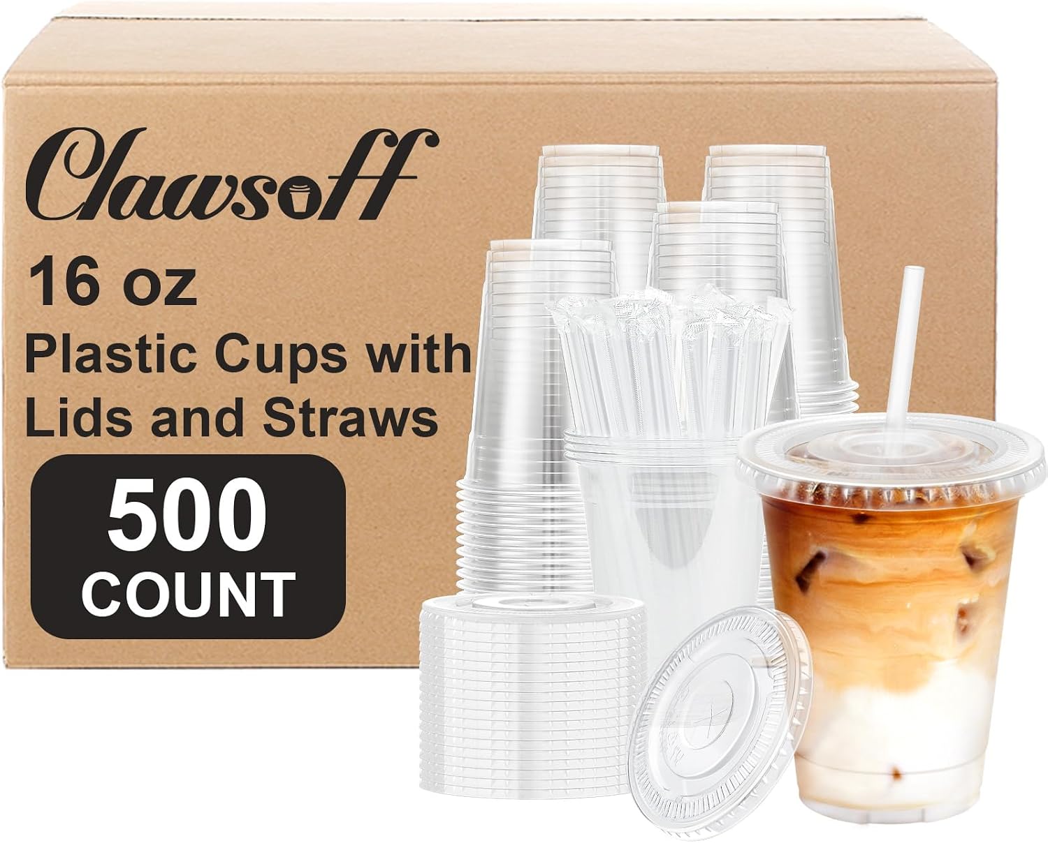 Clawsoff 100 Pack 16 oz Plastic Cups with Lids and Straws, Disposable Clear Coffee Cups with Lids, Sturdy To Go Cups for Iced Coffee, Smoothies, Milkshake, Cold Drinks