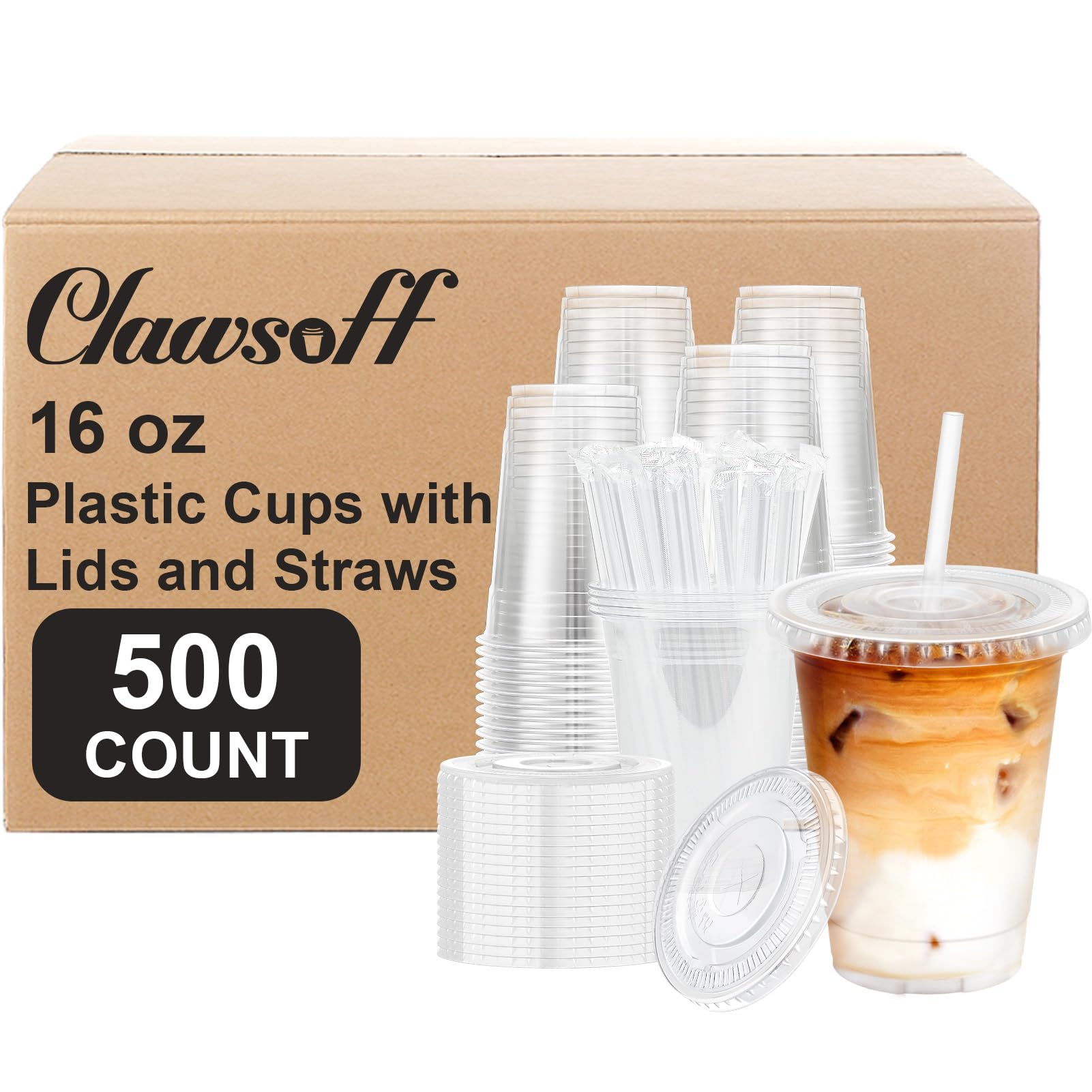 Clawsoff 100 Pack 16 oz Disposable Clear Plastic Cups with Lids and Straws — Amazon image 11