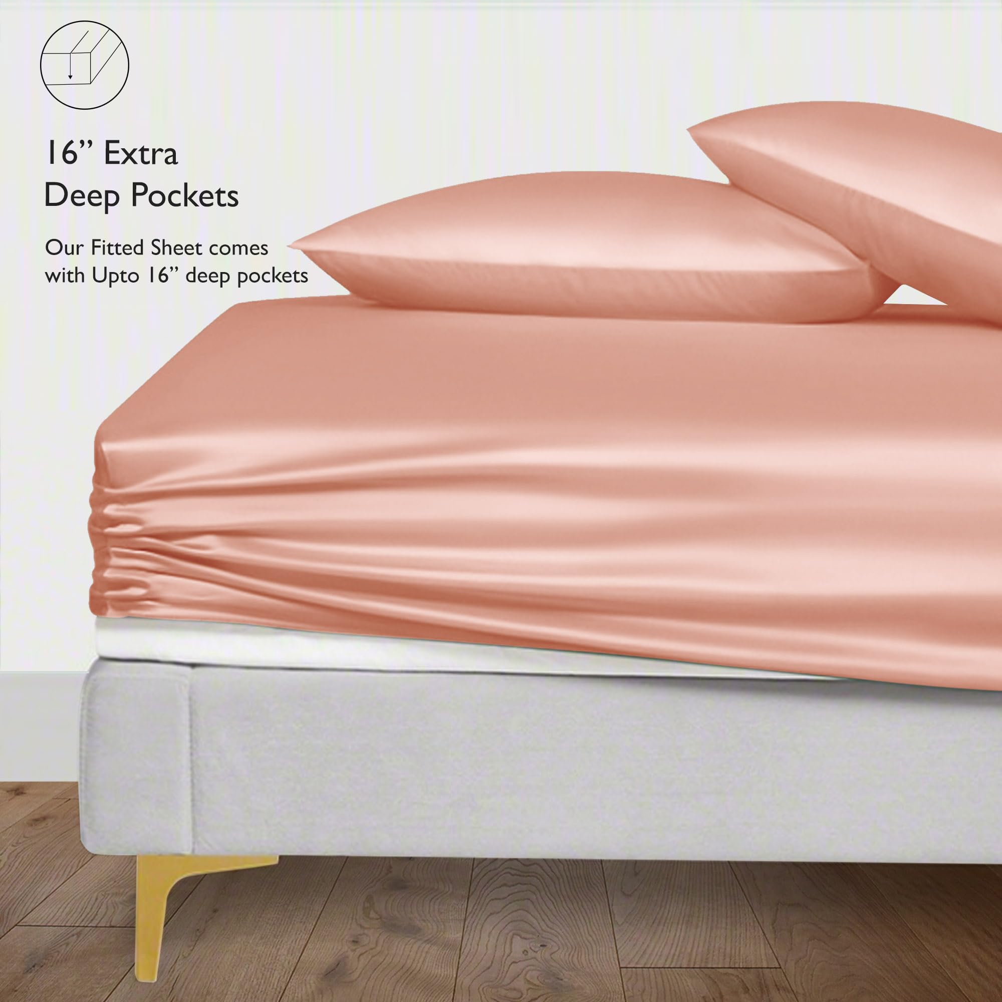 LINENWALAS Small Double Fitted Sheet for 4 Feet Bed, 100% Organic Bamboo Bedding, Silk, Soft, Upto 30 CM Deep Pocket Fitted Bed Sheet for Dorm Room Dcor (Peach Fuzz, Small Double - 122x190 CM) - Image 4