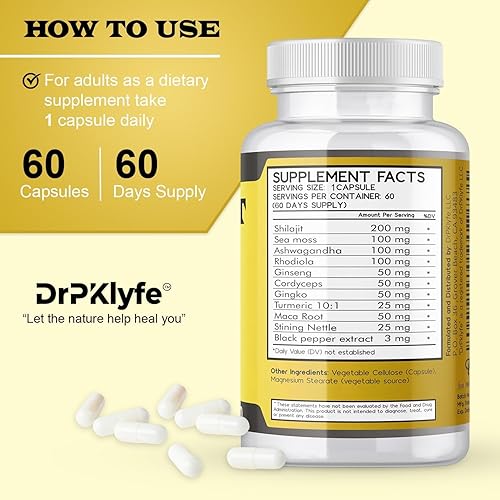 Miniatura 3 de Shilajit Cápsulas con Ashwagandha, Rhodiola, musgo marino y cúrcuma - 753 mg, 60 cápsulas - Alivio del estrés, construcción de resistencia,