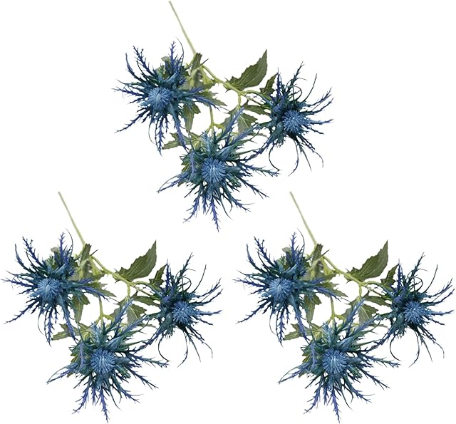 MISNODE Artificial Eryngiums Plants, Artificial Blue Thistle Flower Bouquet Fake Eryngium Foetidum Simulation Sea Holly 3PCS Artificial Flowers Bouquet for Decor Home Wedding Window Bouquet (Blue)