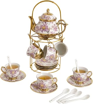Ceramic Tea Set 20 Pcs, 700ml/23oz Porcelain Tea Pot Sets with Purple Floral Pattern, Gold Shelf, 6 Plates 6 Spoons, for Women Tea Party, Restaurant Hotel Dinner, Elegant Gift Set