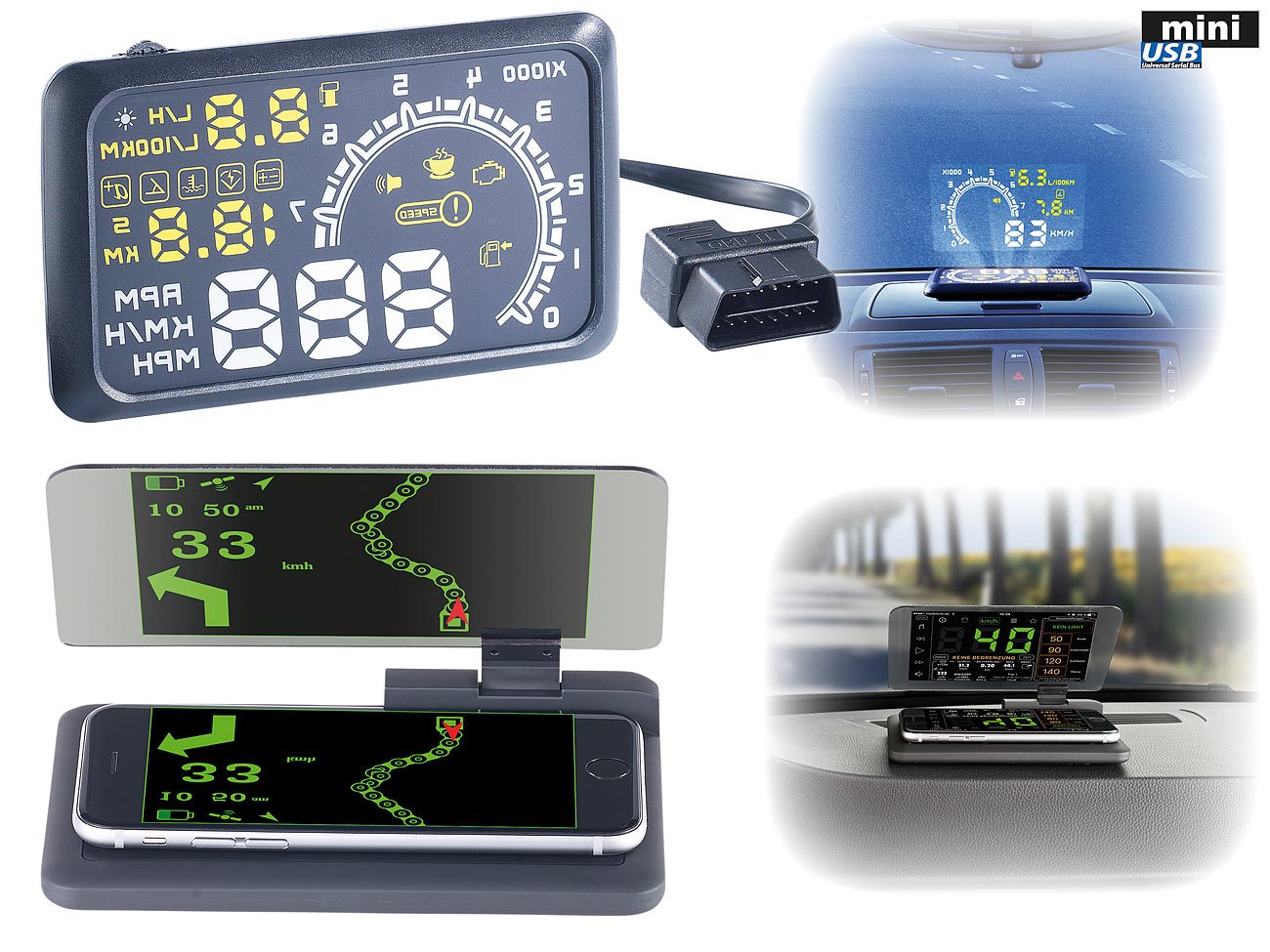 Lescars OBD2-Monitor: Head-up-Display HUD-55C für OBD2-Anschluss mit Armaturenbrett-Ablage (OBD2-Displays, Head-Up-Displays OBD2, nachrüsten)