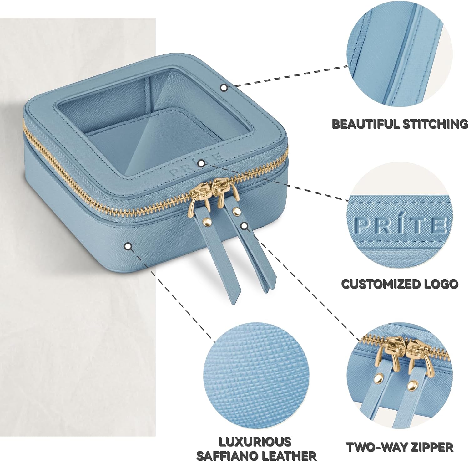 Prite Small Makeup Bag for Women Portable Clear Makeup Bag Cute Mini Waterproof Travel Cosmetic Bag with Gold Zipper for Car Essentials(Blue) - Image 4