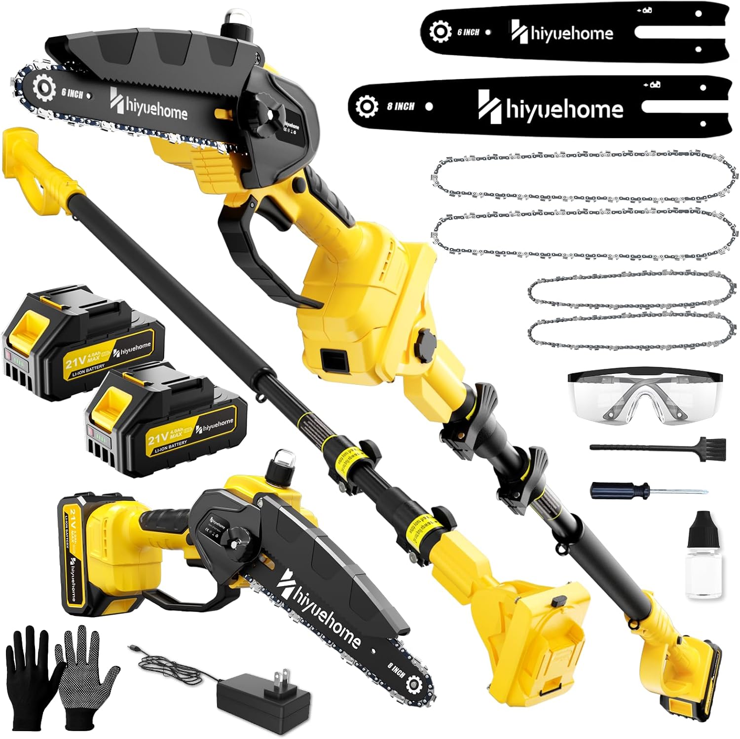 21V Cordless Pole Saw, 4-in-1 180° Rotatable Electric Tree Trimmer with 6/8 Inch Guide Bars,4000mAh Battery & Fast Charger, Telescopic Pole, Brushless Motor for Garden/Farm/Camping