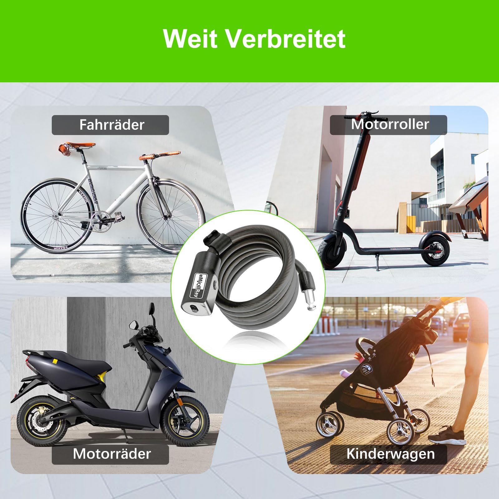 E Scooter Schloss, eMjollRay Fahrradschloss mit 2 Schlüssel, Sicherheitsstufe Sehr Hoch Kabelschloss, Anti-Diebstahl Schloss für E Scooter/E Roller/Motorrad/Kinder Fahrrad/Tür