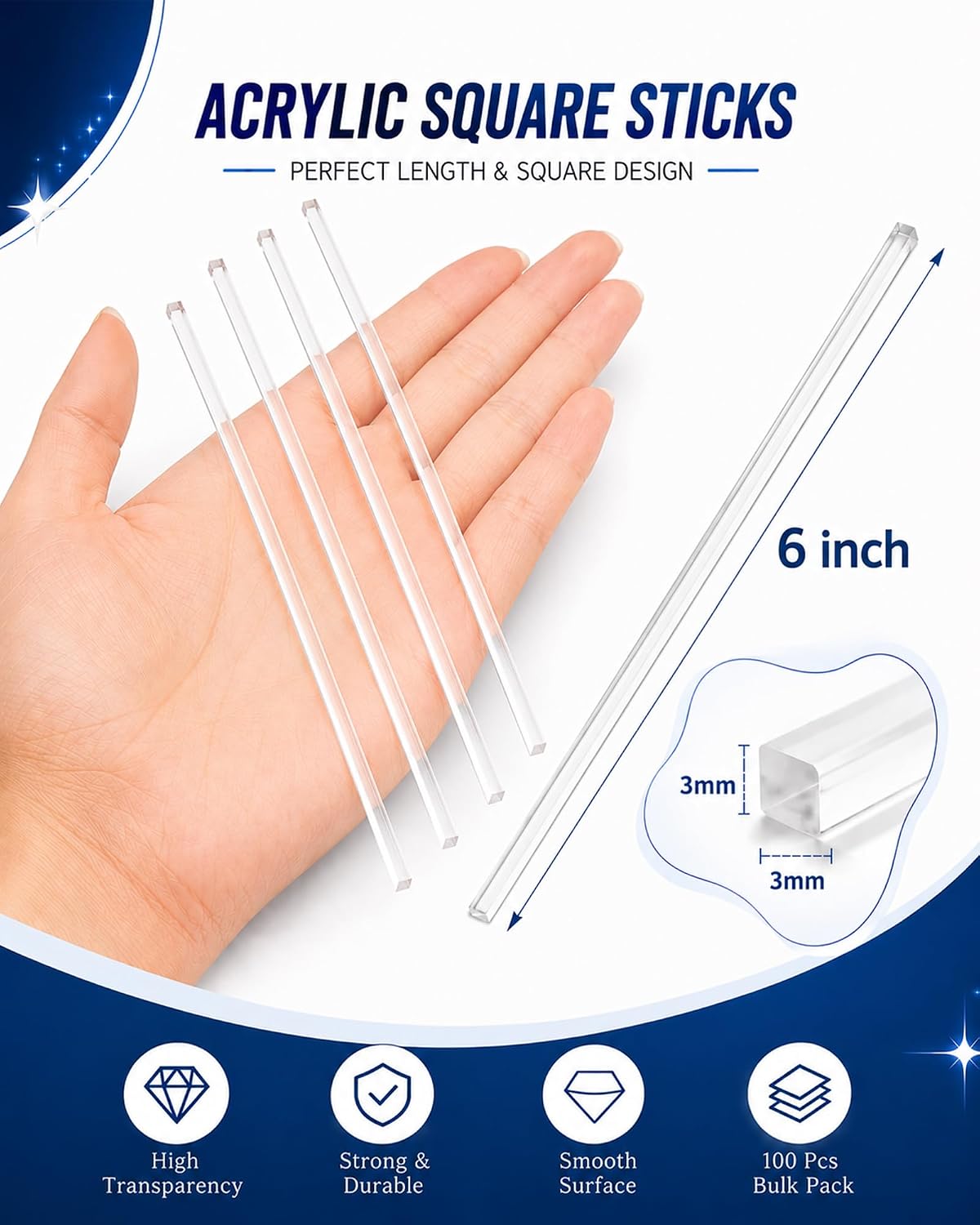 100Pcs Flat Acrylic Cake Pops Sticks, Clear Square Plastic Strip, Acrylic Cake Topper Sticks, Reusable Cocktail Stirrer for Party, DIY Crafts, Decorations (6-inches)