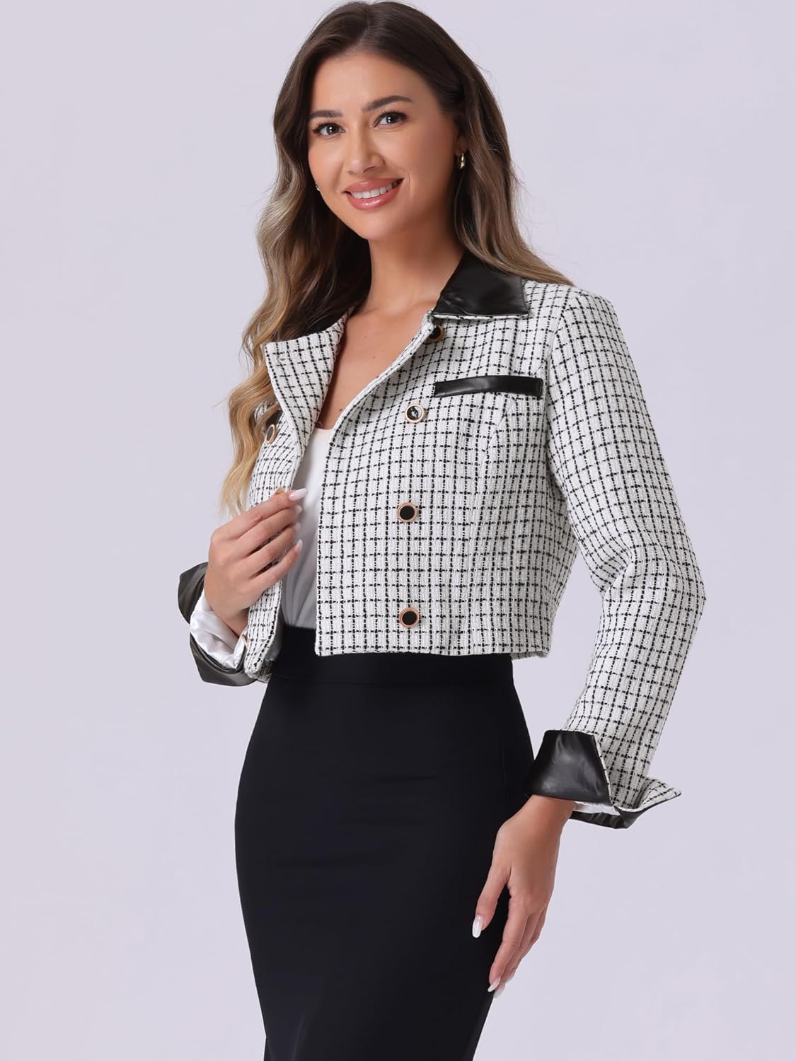 Allegra K Tweed Plaid Blazer for Women's Contrast Collar Double Breasted Vintage Cropped Jackets - Image 4