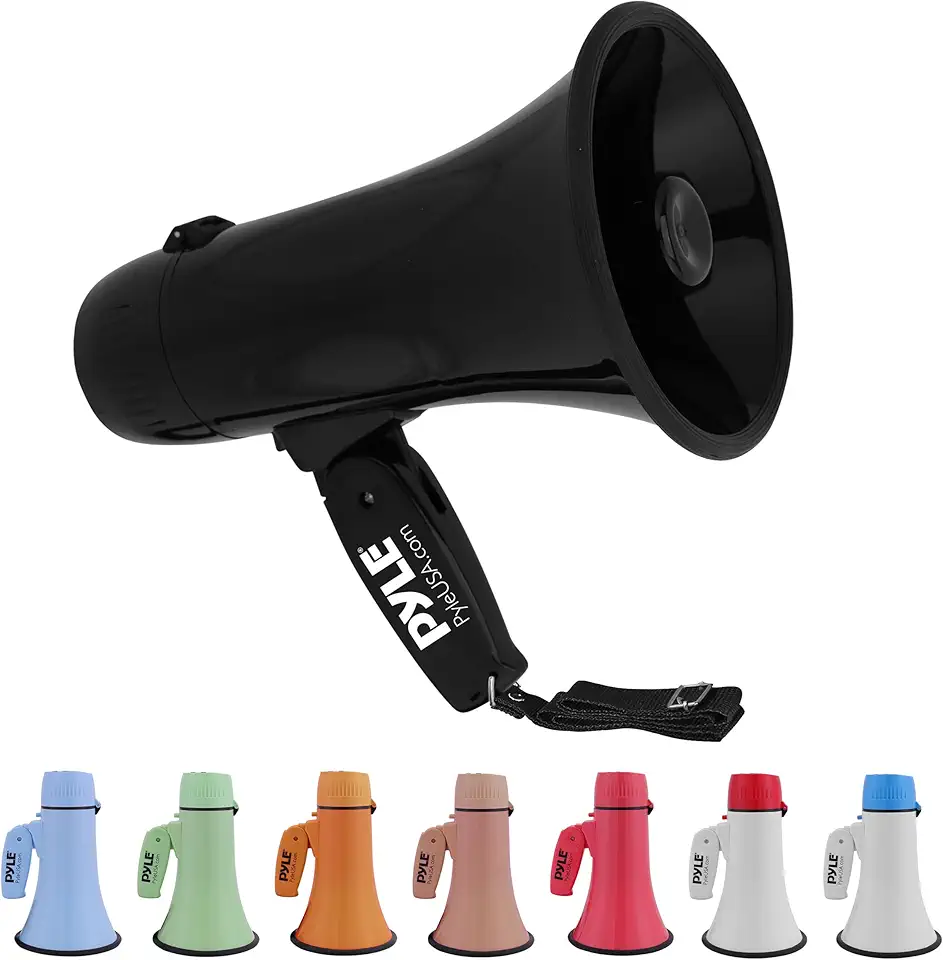 Megafone Pyle Portátil 20W com Sirene e Gravação de Voz, Entrada Auxiliar P2 para Música, Amplificador de Som com Alça Dobrável, Alcance 400m