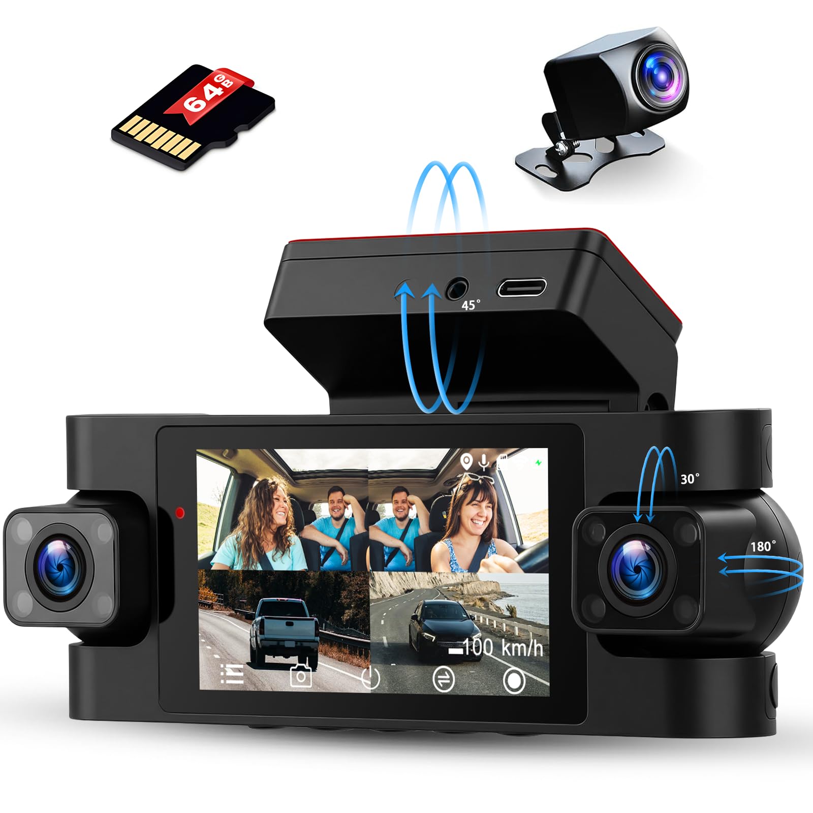 Inefala Full HD 2K Dash CAM con Cámara de Coche de Cuatro Canales 360°, Pantalla de 3'' con 8 IR de Visión Nocturna y 64G de Memoria, Grabadora de Viaje con Sensor G y Monitor de Aparcamiento