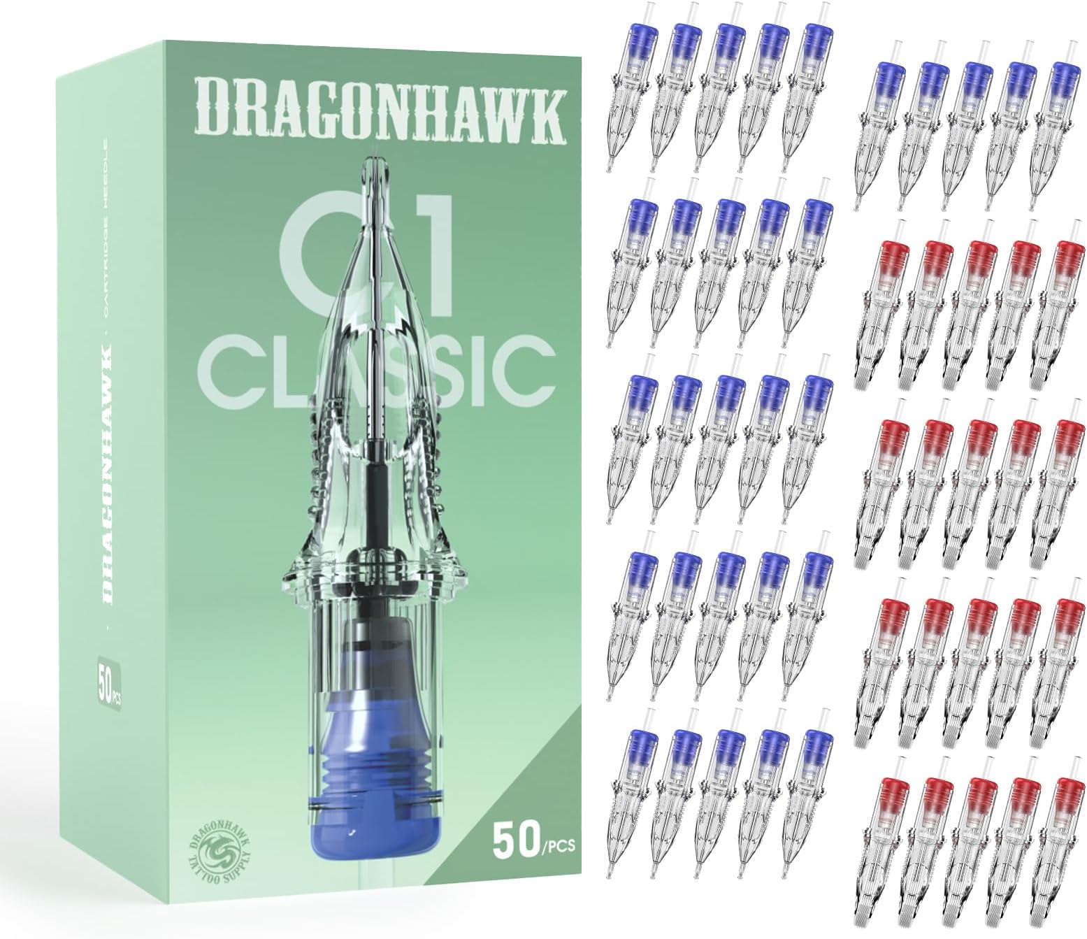 Dragonhawk C1 50Pcs Tattoo Cartridge Needles - Assorted Mixed Sizes
