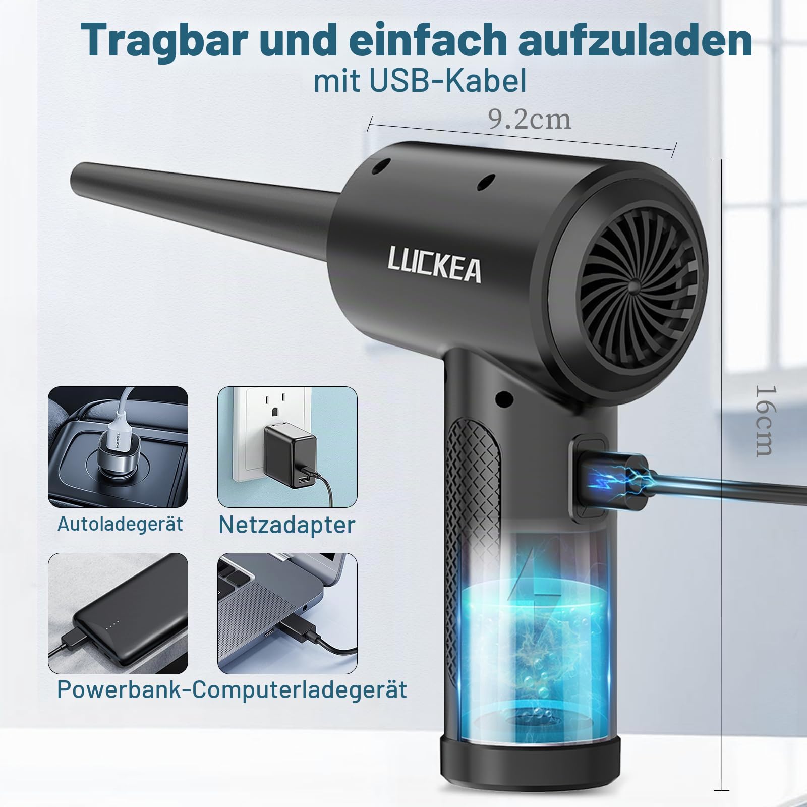 Elektrische Staubgebläse Druckluftspray für PC Reinigung - 3-Gang Air Duster mit 6000 mAh Akku, 5 Blasdüsen 2 Vakuumdüsen, 3 Antistatikbürsten, Compressed Air Luftdruckspray für Elektronik Sofa Auto