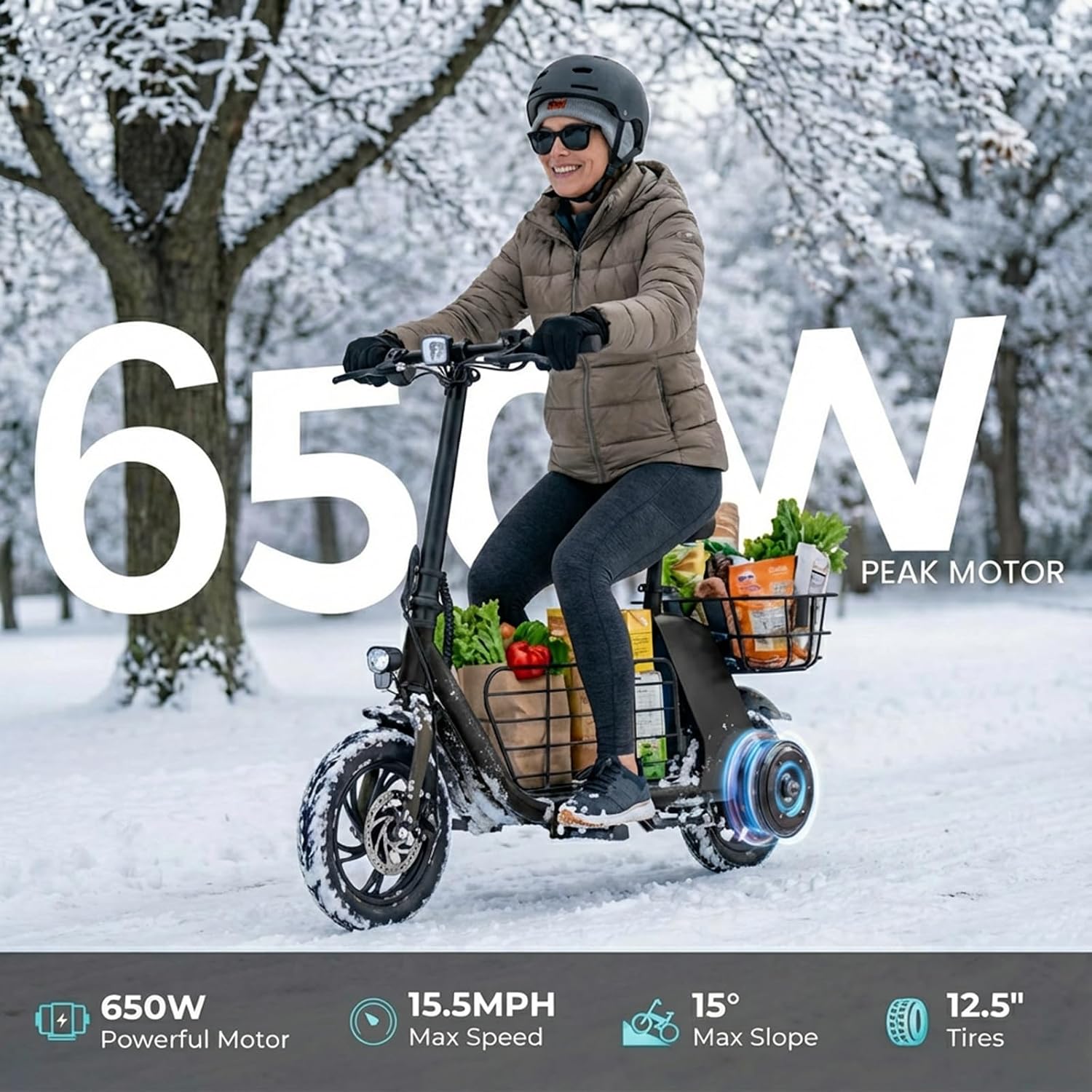 Windhorse Electric Scooter with Seat for Adults, 650W Peak Motor Up to 15.5 MPH & 20 Miles Range, Foldable Commuter E-Scooter with Dual Baskets for Pets & Cargo, 12.5" Tires, Max Load 265 lbs