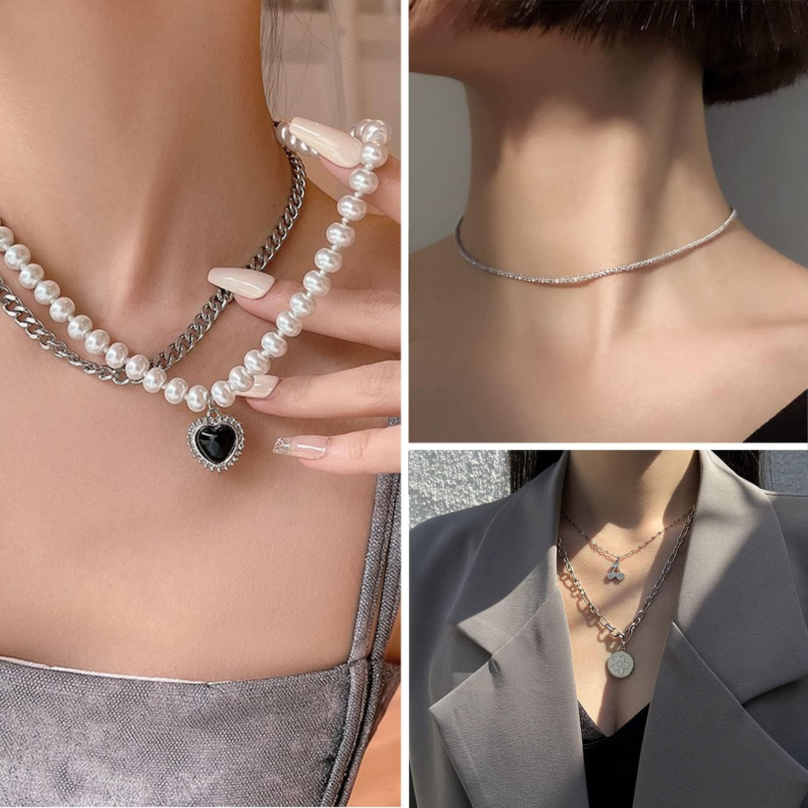 36 Stück Silberplattiertes Schmuckset mit 3 Halsketten, 12 Armbändern, 7 Ohrläppchen Ohrringen, 14 Knöchelringen für Frauen und Mädchen als Geschenk für Valentinstag, Jahrestag,