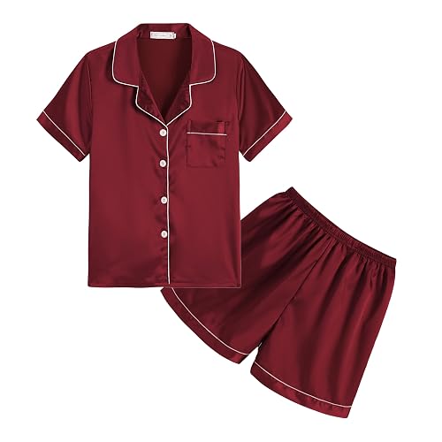 Hupohoi Unisex Kids Boys and Girls Pajama Sets Summer Short Sleeve With Shorts Sleepwear Silky Button Down Loungewear