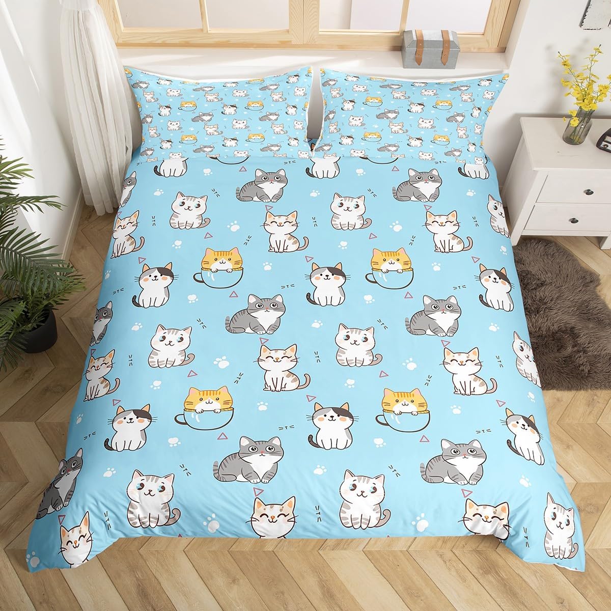 Erosebridal Lovely Animal Bed Set Kids Cat Duvet Cover for Kids, Cute Kawaii Bedding Set King Pastel Blue Comforter Cover, Kitten Pet Bed Cover Cartoon Animal Themed Room Decorative Lightweight