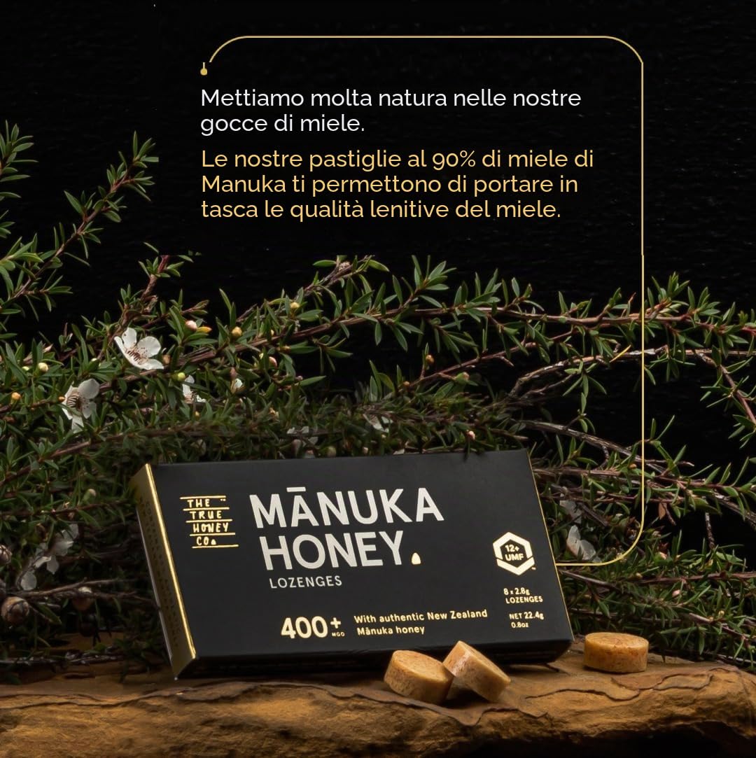 Pastiglie di miele di Manuka MGO 400+(UMF13+)80 pezzi (10x8 pezzi)Certificate, 100% naturali, composte per il 90% da miele di Manuka premium - L'originale esclusivo e più premiato della Nuova Zelanda.