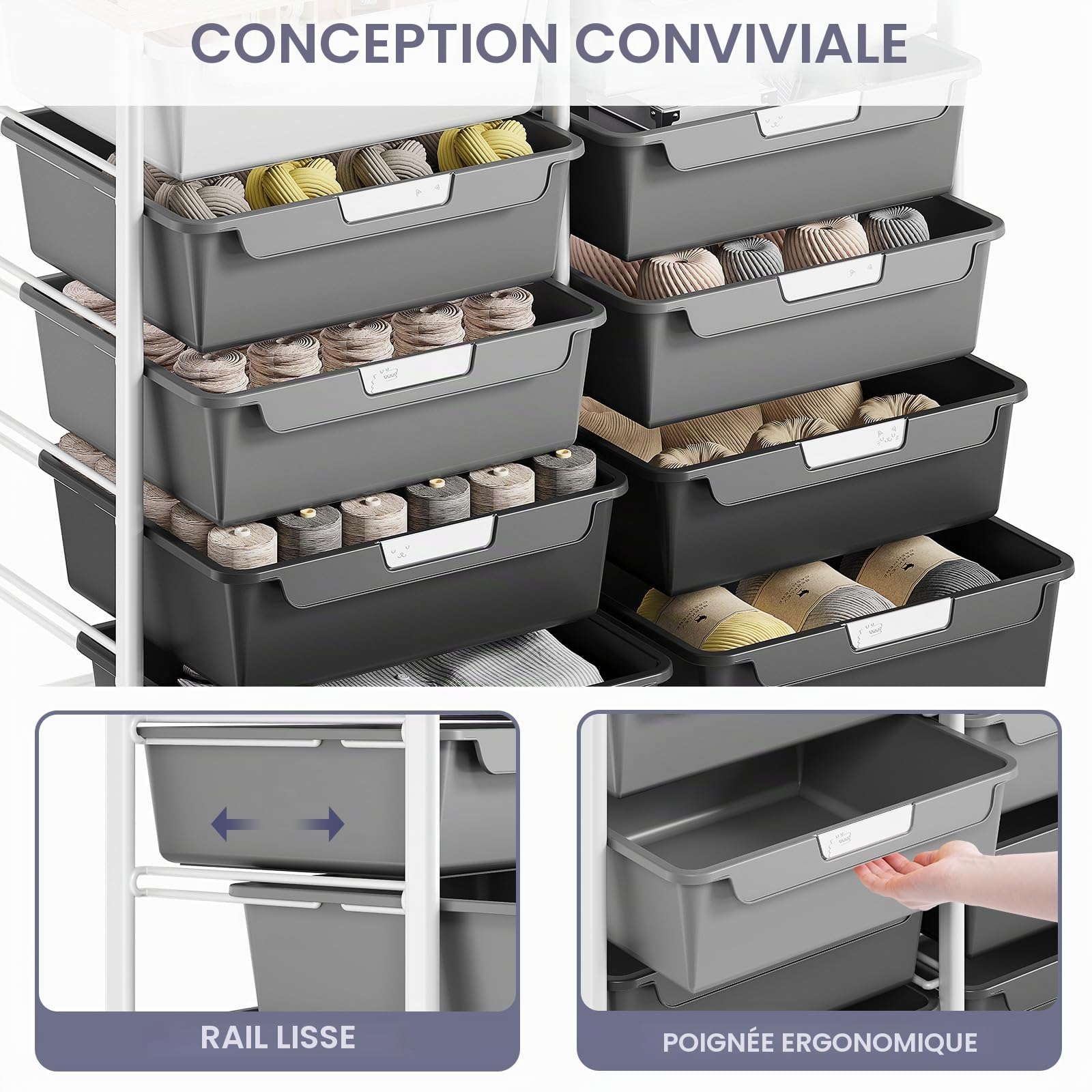Meuble à roulettes en plastique avec 10 tiroirs, chariot à roulettes avec tiroirs, chariot de rangement pour salle de bain, cuisine, salon et chambre à coucher, Gris