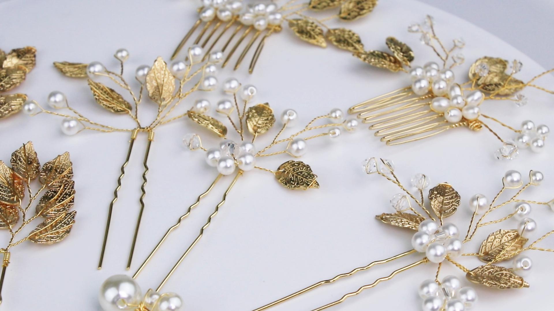 9 Pearl Hair Pins Leaf Bridal Headpiece Hair Clips for Women October Gold Leaves and Pearl Wedding Hair Pin main image 2
