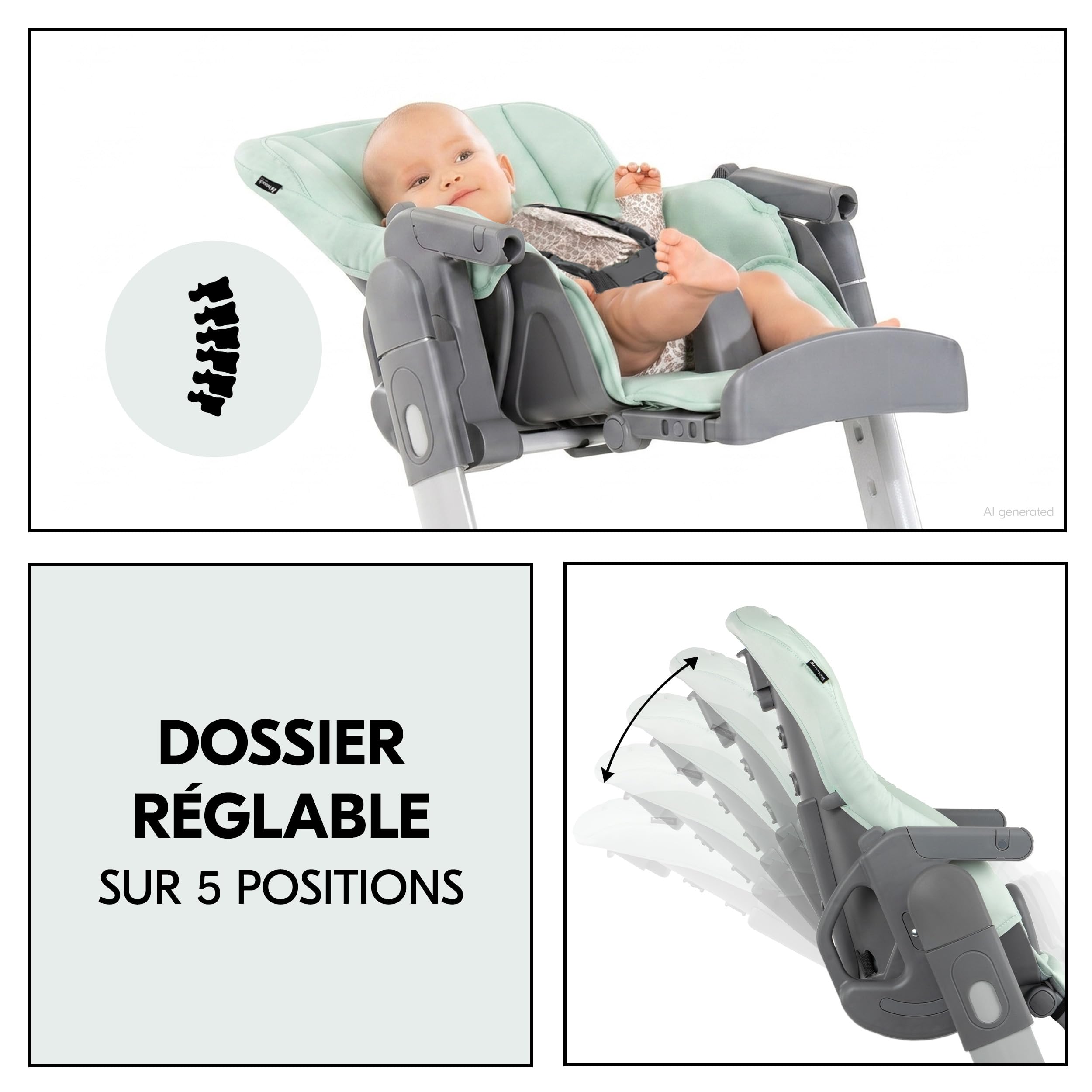 hauck Chaise Haute Bébé Evolutive Grow Up – Menthe | Chaise haute pliable avec dossier réglable dès la naissance I Hauteur ajustable, avec tablette et roulettes
