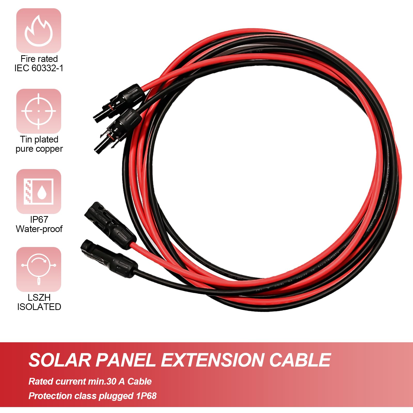 Câble de raccordement professionnel Rallonge (6mm²/4mm²),Câble solaire, y compris fiche solaire montée des deux côtés, lignes rouges et noires (4mm²-5m)