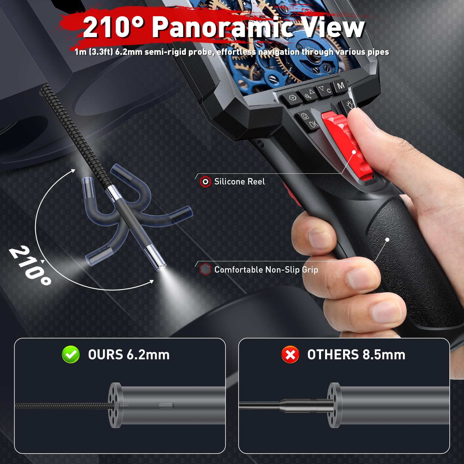 Endoscopio Industriale 1080P 4,3" Schermo, Luce LED – Telecamera Ispezione Tubi Ø6,2 mm Articolata 210°, Impermeabile IP67, Scheda SD 32 GB Inclusa – Telecamera Endoscopica Motori, Tubi