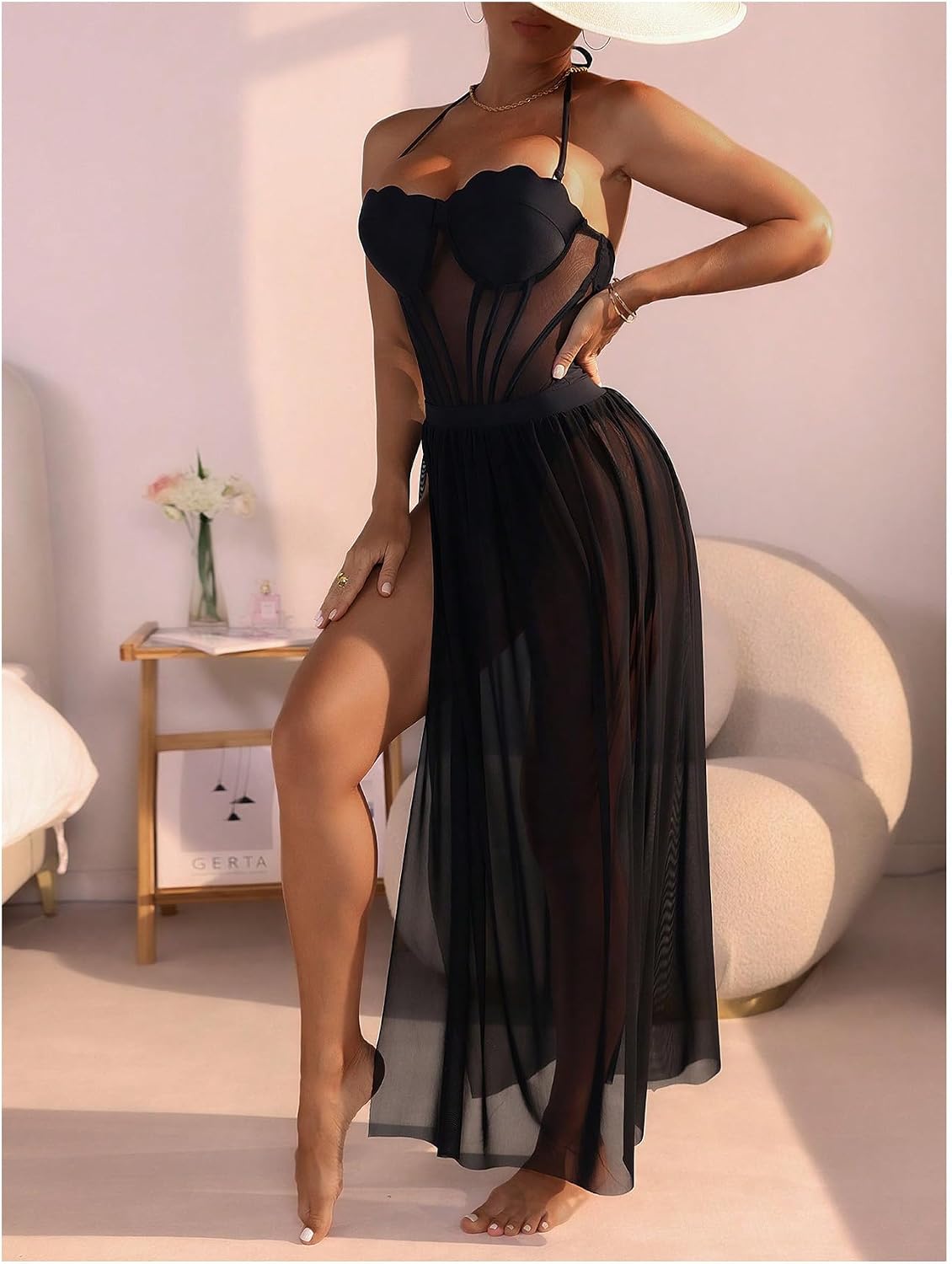 SHENHE Women's Push Up One Piece Swimsuit Strapless Mesh Bathing Suit with Cover Up Long Skirt