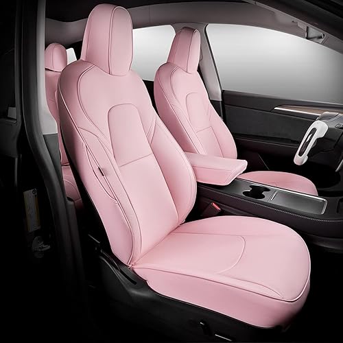 Maysoo Tesla Model 3 Seat Covers Nappa Leather Car Seat Covers Full Set, for Tesla Model 3 2023-2017 All Weather Protection Pink car seat Covers
